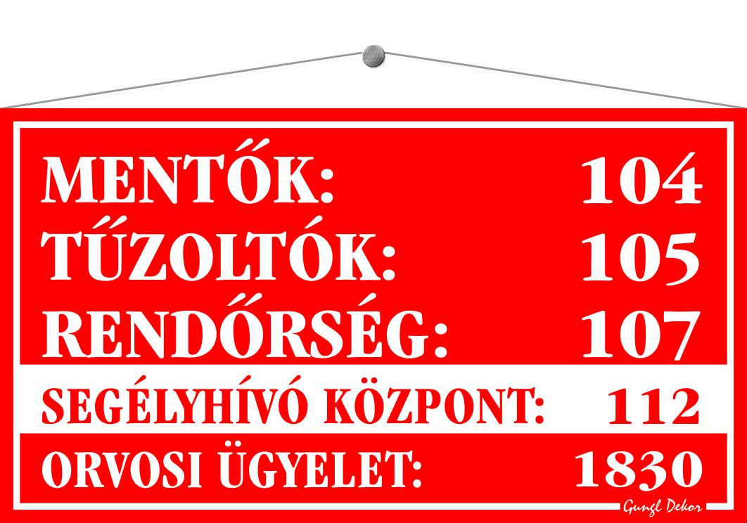 Segélyhívó telefonszámok - mentők, tűzoltóság, rendőrség, segélyhívó központ, orvosi ügyelet TÁBLA