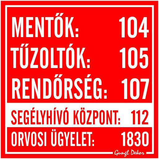 Mentők, Tűzoltók, Rendőrség, Segélyhívó telefonszámok MATRICA "B"